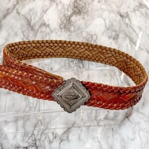Vintage Braided Brown Leather Belt Silver Concho Buckle Argentina Size 30